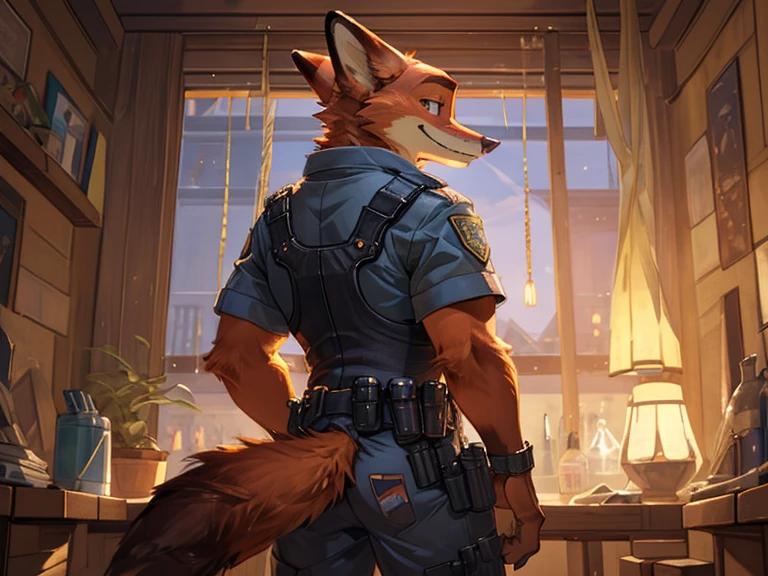 (male), solo standing (by honovy, by darkgem, by narse, by tojo the thief), (Nick Wilde(zootopia):1.2), fur, fox, quality eyes, naked, beach, thong underwear, anatomically correct, fluffy neck, (smile), rear view, looking at viewer