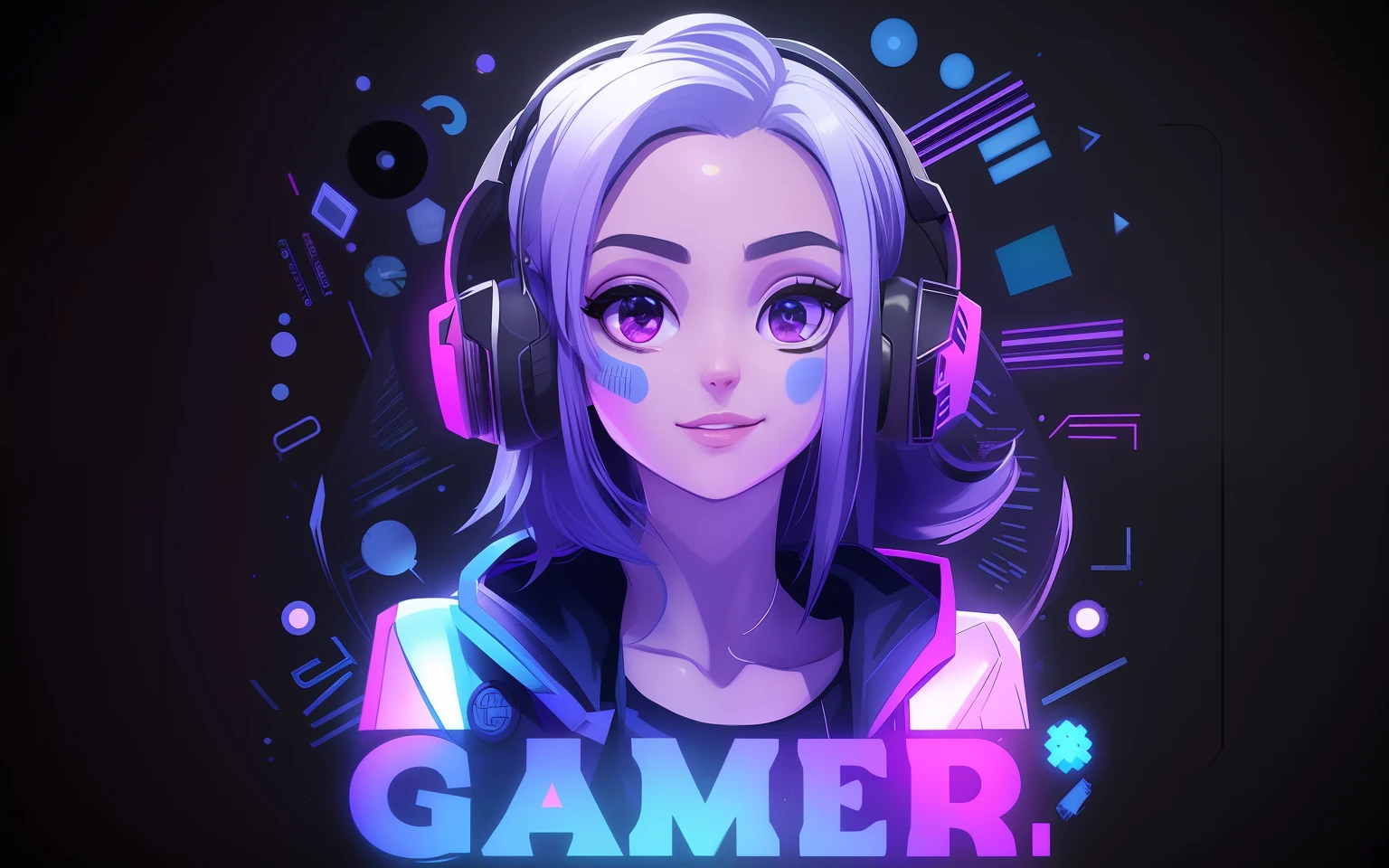 uma mulher branca, com cabelos loiros cacheado, olhos azuis, com oculos, with headphones and a gaming overlay, "Nanaá GAMER", Tema jogador, player aesthetic, jogador, Streamer do Twitch, fanart de videogame, Avatar de videogame, arte de jogos de computador, foto de perfil do discord, Avatar do jogo 2D do corpo superior, Estilo de videogame, personagem de videogame, estilo anime do ig studios, player republic, foto do perfil 1024px, cabrito