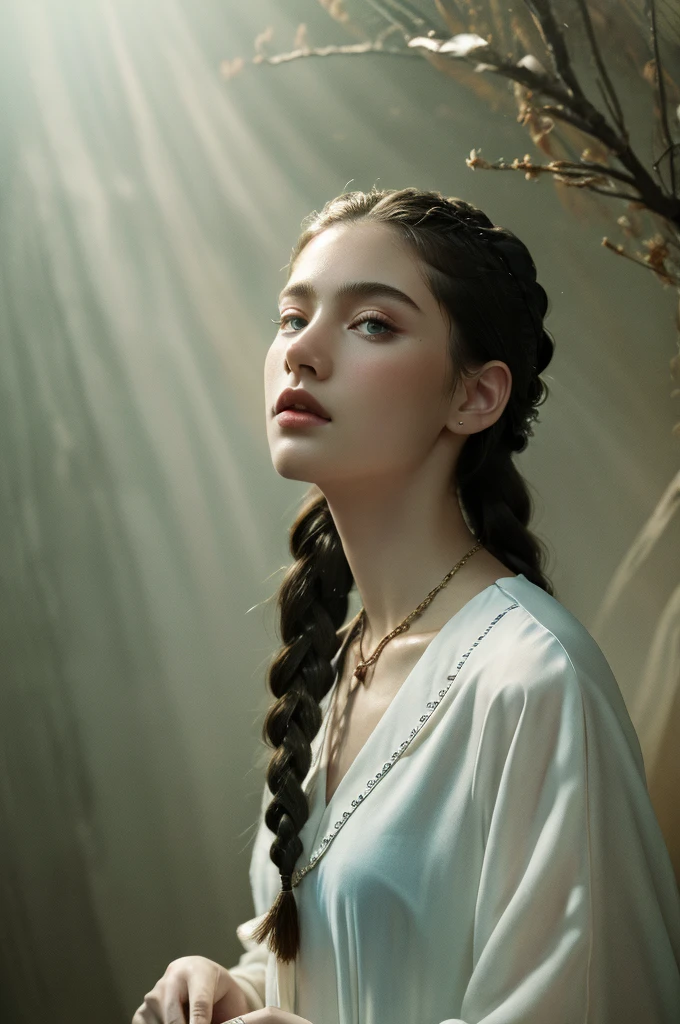 ( masterpiece, top quality, best quality,8k,17 years old girl,ultra detailed,raw photo:1.5),(photorealistic:1.4), (cinematic lighting), PerfectNwsjMajic, , Surrealism, UHD, ccurate, Super detail, textured skin, High detail, Best quality, dynamic angle, White skin,[Beautiful blue eyes], high nose,[flat chest:large breasts:0.5],(1girl),(good anatomy:0.5)), Dreamy atmosphere, Dark,expressive brush strokes, mystical ambiance, Artistic interpretation, Stunning Studio Ghibli style costumes, a whimsical illustration, Subtle colors and tones, mystical aura, jewelry ,sparkling, cornrow , white outfit 