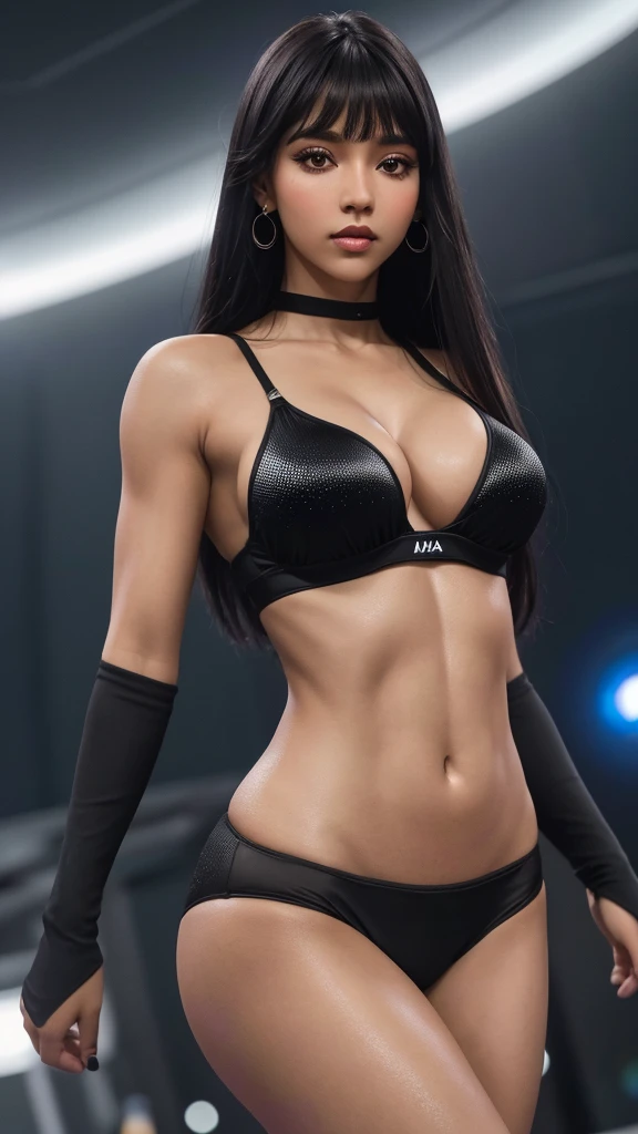 Ultra realista, 16k, alta qualidade, Cinematic Lights, sonho aesthetic, garota negra de verdade, 16K, melhor qualidade, high resolution, atmosfera quente, atmosfera de sonho, 1 garota, 21 anos de idade, cabelo cacheado-preto comprido, franja na testa, olhos-puxados, olhar sexy com olhos, bonito rosto bonito, maquiagem com delineado nos olhos, Linda boca, textura de pele realista, pele sendo iluminada, texturas realistas, sombreamento perfeito, corpo feminino musculoso, defined female muscles, vestindo uma roupa sexy, brincos, corpo fit magro, seios naturais, corpo anatomicamente realista, barriga magra, quadris proportionais, coxas fortes definidas, garota fitness gostosa, sedutor, postura sensual, pernas grossas, different positions in various types of angles, Texturas realistas, fundo desfocado, Profundidade, dream aesthetic, Atmosfera de sonho, cinematic lighting.