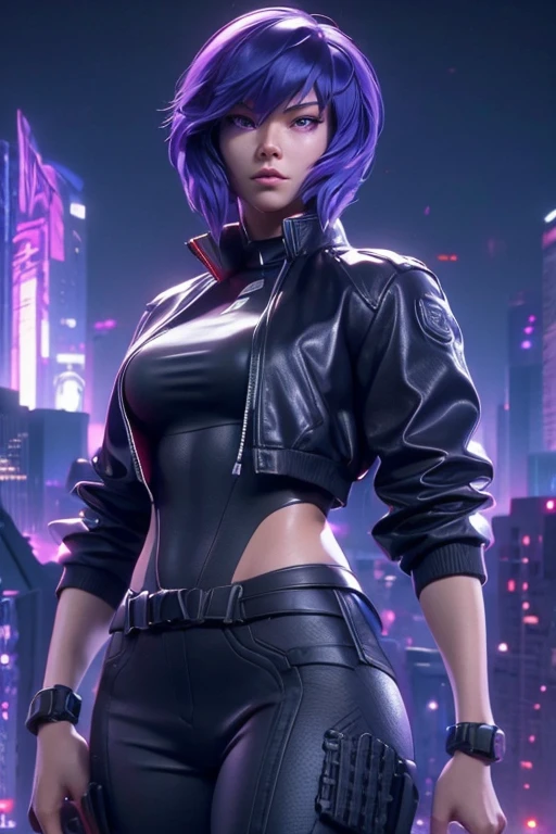 top view, Motoko Kusanagi from Ghost in the Shell on roof edge of skyscrape, detailed face expression, beautiful detailed purple eyes, open clothes, open black jacket, black costume, cropped legs, beautiful detailed lips, long eyelashes, ,dramatic lighting, realistic colors, highres, vivid colors, stunning background, 8K image quality, Masterpiece