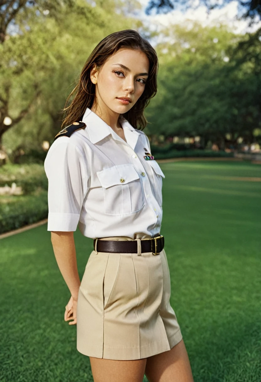 photograph of beautiful woman, outdoors in a park, wearing a  uniform, looking at viewer, photorealistic, analog film photograph, masterpiece, soft light, ultrasharp, photorealistic, bokeh, photographic image from an Olympus OM1, Ektachrome 400 film, 120 mm lens, professional photographer, mario testino, yoko
dynamic pose, dynamic view from (front | side | back)