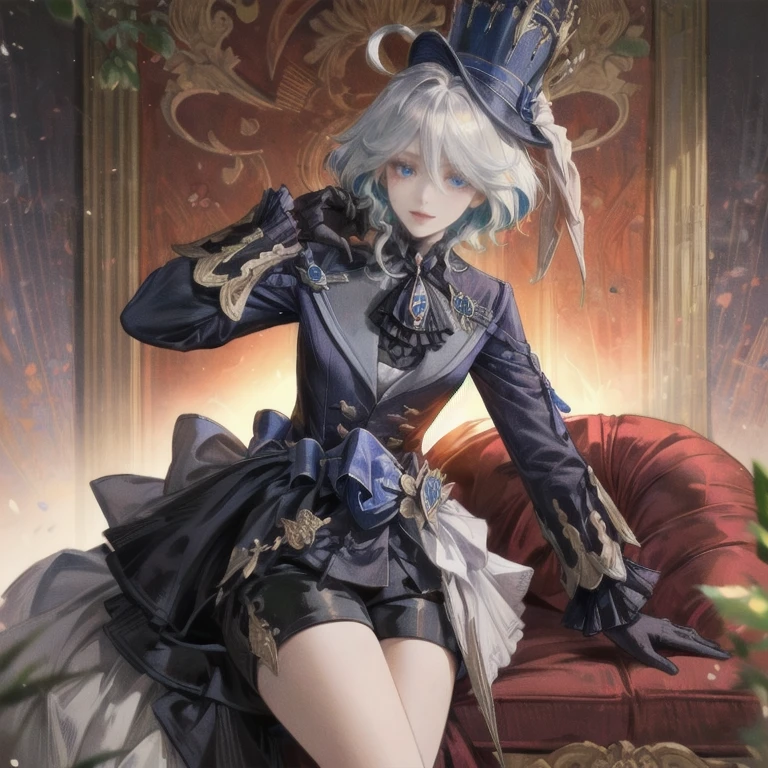 drop-shaped pupils, symbol-shaped pupils, ((empty eyes)), ((blank eyes)), yandere, (((red theme))), ((yami kawaii)), smug, evil smile, insane, evil, dark, genshin impact, furina(genshin impact), furina from genshin impact, ((((short hair)))), hat, blue hat, top hat, white hair, asymmetrical gloves, black gloves, blue eyes, frills, mismatched gloves, puffy sleeves, black shorts, wavy hair, apathetic, ((masterpiece, ultra-detailed, intricate details, best quality, illustration)), (Masterpiece, best quality, complex details: 1.2), (masterpiece, top quality, best quality, official art, beautiful and aesthetic:1.2), (masterpiece, best quality, highres:1.4), (the best quality:1.2), (best quality), (masterpiece), (ultra detailed), (highres), (super fine illustrations:1.2), (dynamic pose), extreme detailed, exquisite masterpiece, high detail, 8k, 4k, highest detailed, production art, victorian era, 1girl, (((ite female))), short, solo, ahoge, long bangs, hair between eyes, light rays, blurry background, light particles, flat chest, thick thighs