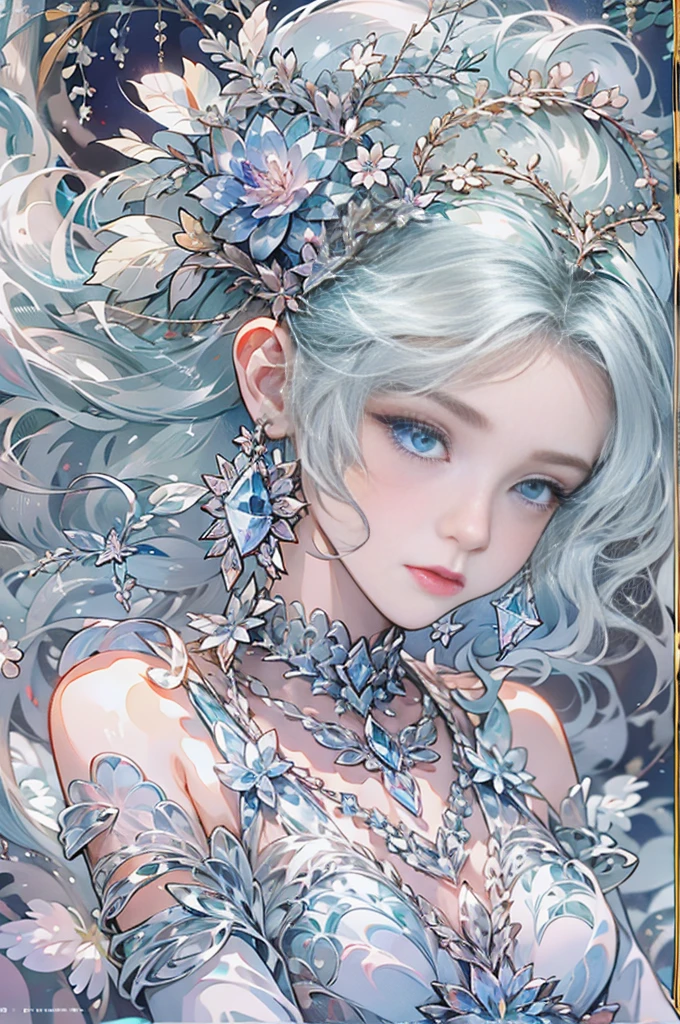 The hair is covered with beautiful and delicate floral craftsmanship, Crystal jewelry filigree，jewelry，Ultra-detailed details，Beautiful aristocratic girl，Gray hair is elegantly coiled，(((Silvertone)))，golden colored。Blue and purple clear eyes，crystal，Illusion