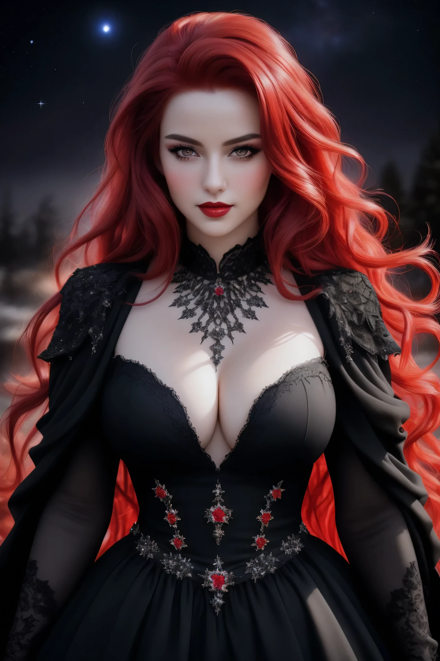 (Masterpiece - Ultra-Detailed, High Resolution) ((vivid red hair)), mature woman, 30 years old, diamond face, red starry sky background, depth of field, magic, big red lips, ((dark and black eyes)) black and red long and full dress, covered chest, mystical atmosphere, ominous shadows, Intense blue aura, Intense red aura (best quality:1.2), absurdres, intricate details, (highly detailed skin:1.2), smile expression, posing, taut and well defined body, attractive. Highly realistic, white skin, beautiful, hyperrealism, skin very elaborated, direct gaze.