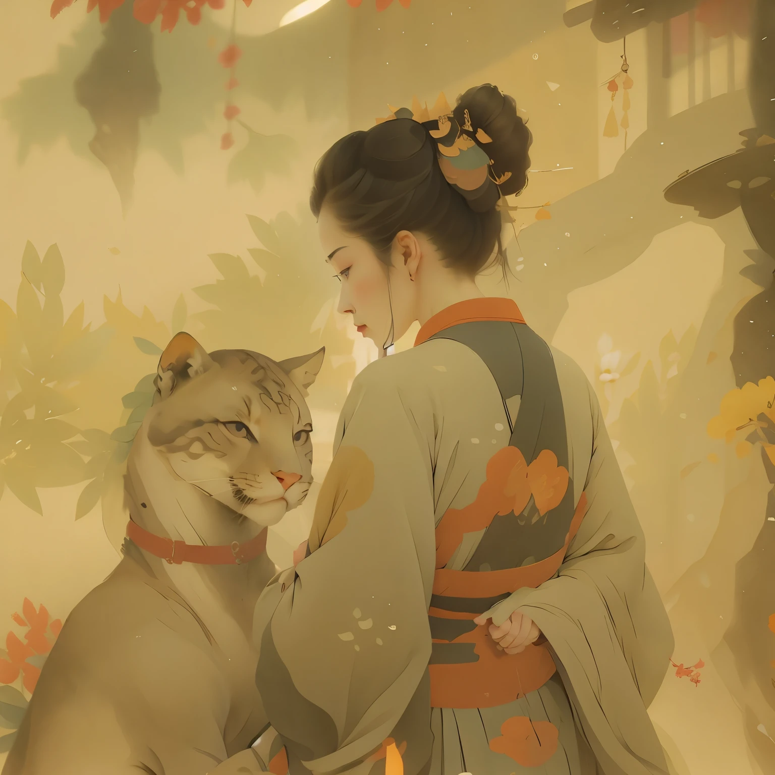 maestraa samurai, guerrero de las artes marciales, admirando la naturaleza, observando al gato