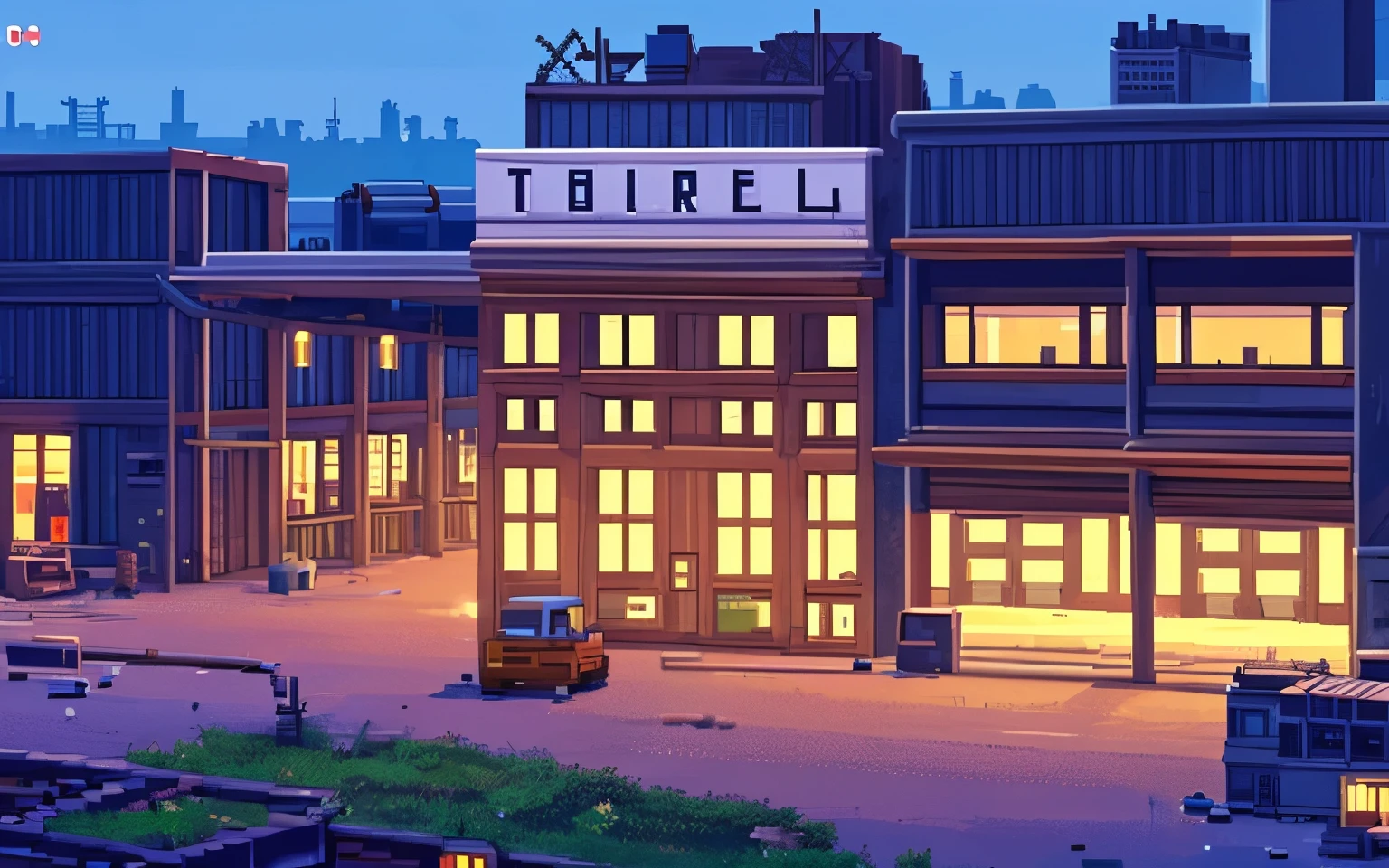 Make very simple pixel art of an abandoned three-story factory at night.