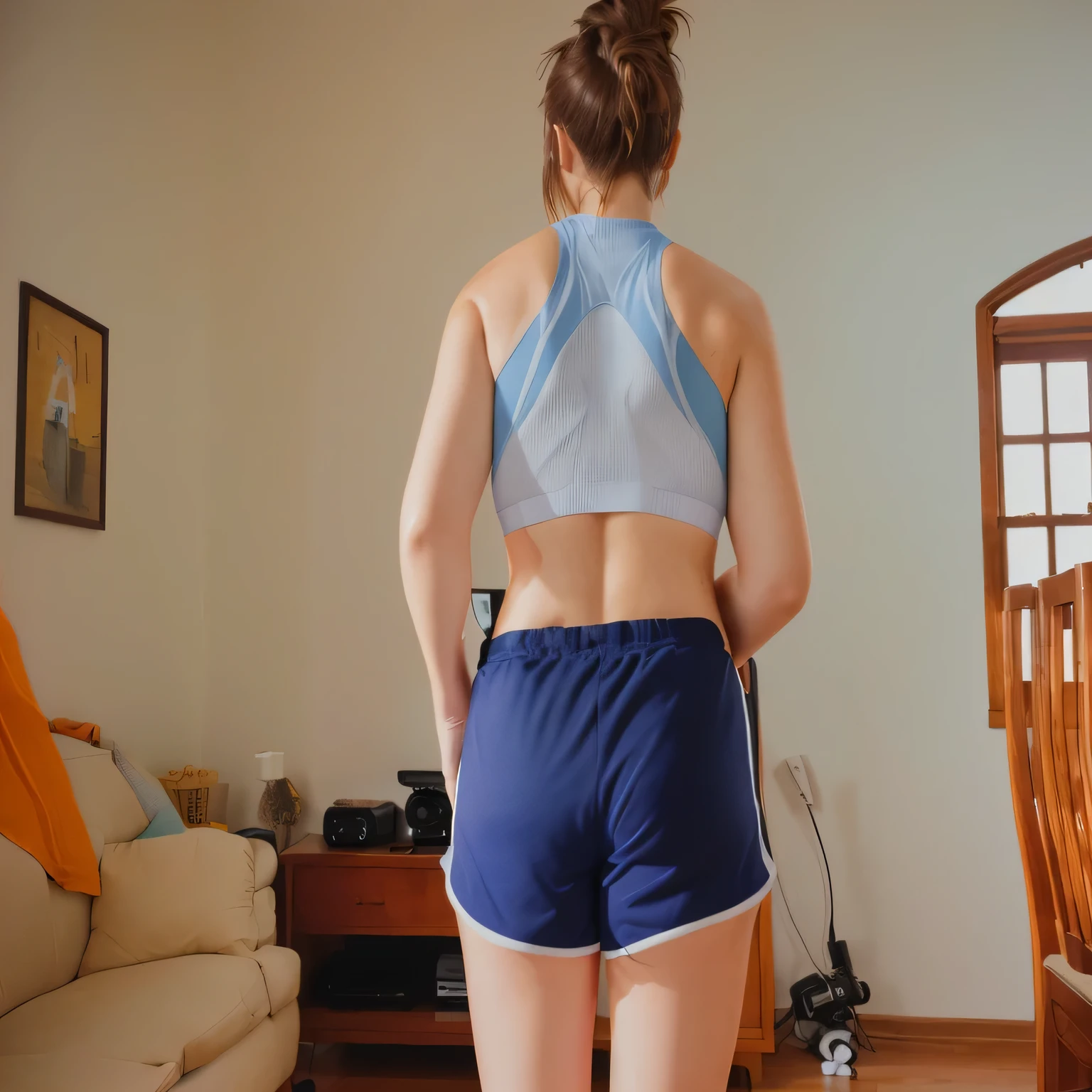 there is a woman standing in a living room with a remote control, sport bra and dark blue shorts, seen from the back, from back, back arched, back pose, sport bra and shorts, long shot from the back, backview, view from the back, shot from the back, from the back, back - shot, hunched shoulders