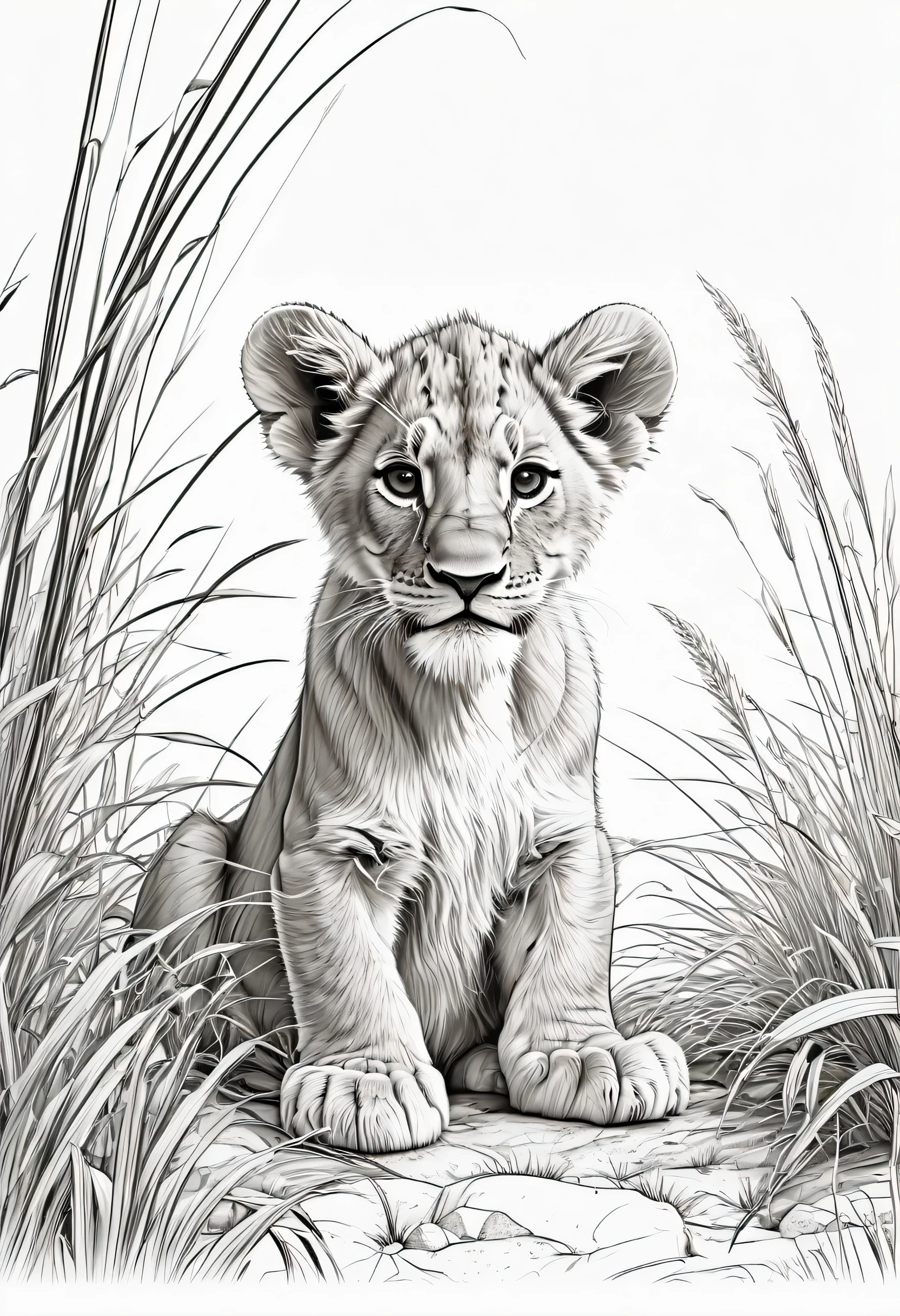 Line drawing, Pixar style, coloring page, A cute lion cub resting among tall savana grass with lost of trees around, ColoringBookAF,blank white background,ColoringBookRedmond-ColoringBook