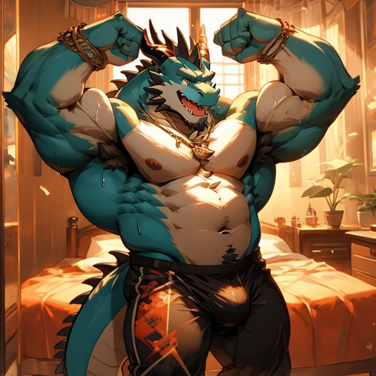 A cyan muscular dragon standing in front of a dresser, flexing his muscles and showing off his bulge, wearing only black underwear. The dragon is sweating and has a determined expression on his face. The image is drawn in an anime style, with bright colors and thick outlines. He is in a school bedroom it's sunny outside and (("""sit on his bed with a sexy pose""" and admire his big and huge muscle and his big gut. Thick tongue、mouth wide open、lots of drool、)) thick and long tail、thick twisted corners