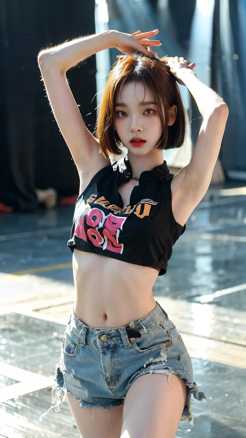 20 year old Korean woman dancing in a closed, dark dance studio,Sweating,Sweat flying,Uplifting,Bobcut,aespakarina,A painful expression with furrowed brows,hiphop dancer,Rapper-like dance costume,wearing edg90hh_clothing