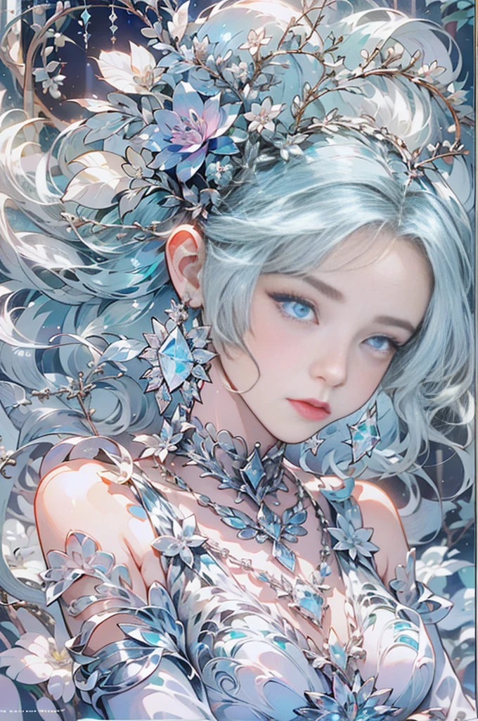The hair is covered with beautiful and delicate floral craftsmanship, Crystal jewelry filigree，jewelry，Ultra-detailed details，Beautiful aristocratic girl，Gray hair is elegantly coiled，(((Silvertone)))，golden colored。Blue and purple clear eyes，crystal，Illusion