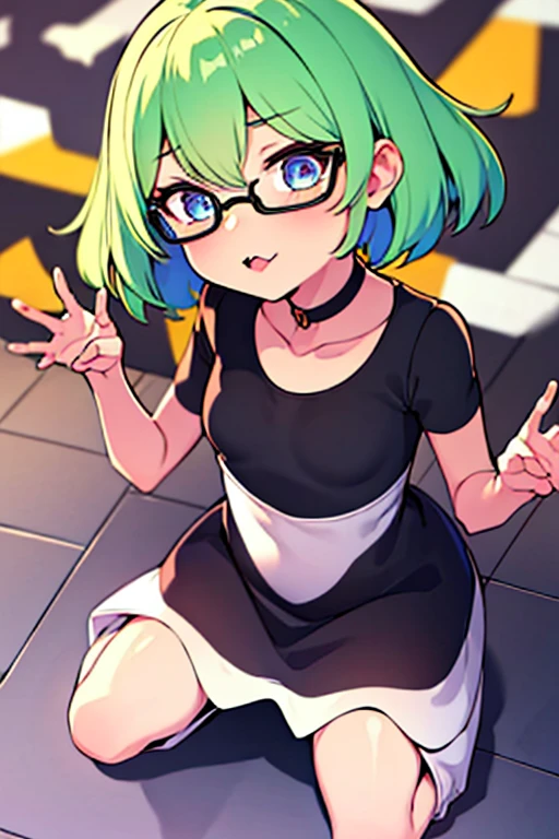 Girl green hair, glasses, black dress with white stripes, white boots, small breasts, short hair, bacun art style, cartoony, big eyes