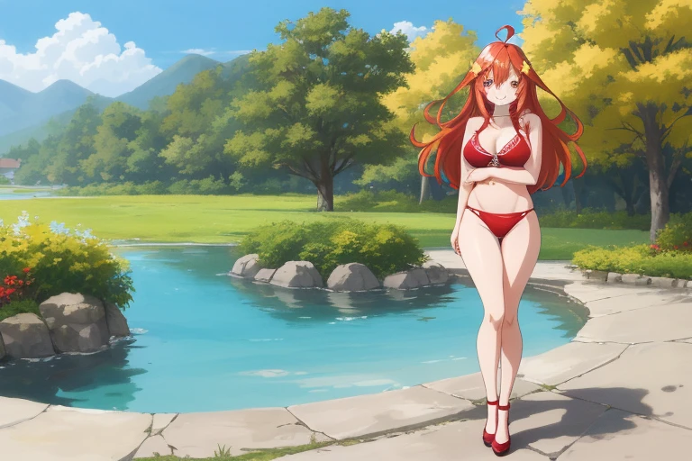 2d, masterpiece, best quality, anime, highly detailed, 5 girl, photo of 5 girl, quintuplets, nakano itsuki, red hair, long hair, star hair ornament, ahoge, large breasts, spa, red bikini, outdoors, smile, full body, sexy body, perfect body, standing crossed legs