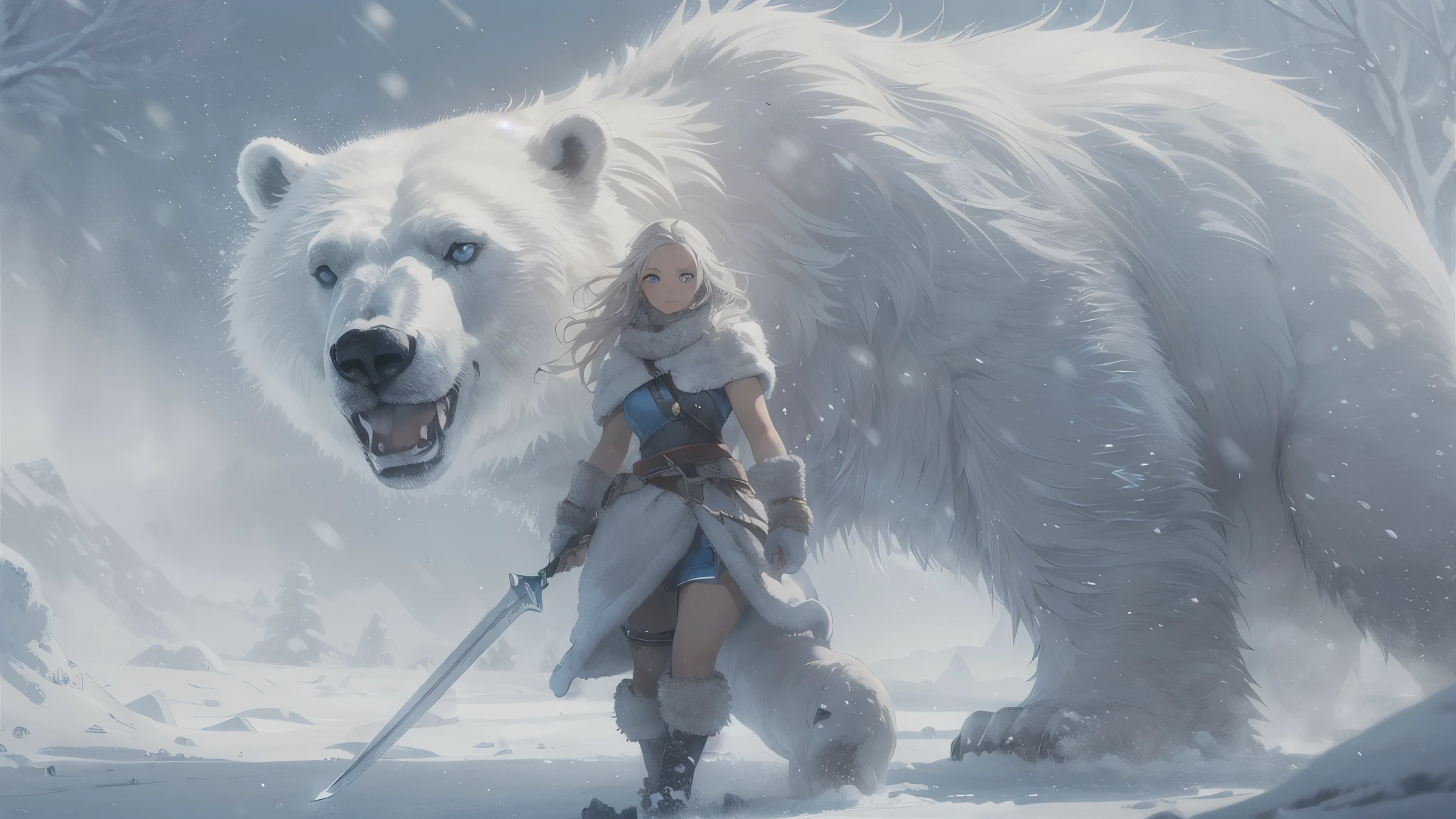 (best quality,4k,8k,highres,masterpiece:1.2),ultra-detailed,(realistic,photorealistic,photo-realistic:1.37,brave nordic warrior,girl with ice blue eyes,girl with long braided hair,girl in fur armor,girl with a fierce expression,girl holding a silver sword,girl surrounded by falling snowflakes,girl standing on a snowy mountain peak,girl in a snowy landscape,girl with polar bear companion,girl with a fearless stance,girl with snow-covered boots,girl with a strong physique,girl in a battle-ready pose,beautiful winter scenery,icy blue color palette,majestic northern lights,subtle warm sunlight casting shadows on the snow,polar bear with thick white fur,polar bear with a protective demeanor,snow-covered trees in the background,blizzard-like snow swirling around,the sound of cracking ice,brave and confident attitude,adventurous spirit,stunning landscape,epic battle between the warrior and her enemies,peaceful harmony between the warrior and the polar bear,strength and resilience in the face of adversity.
