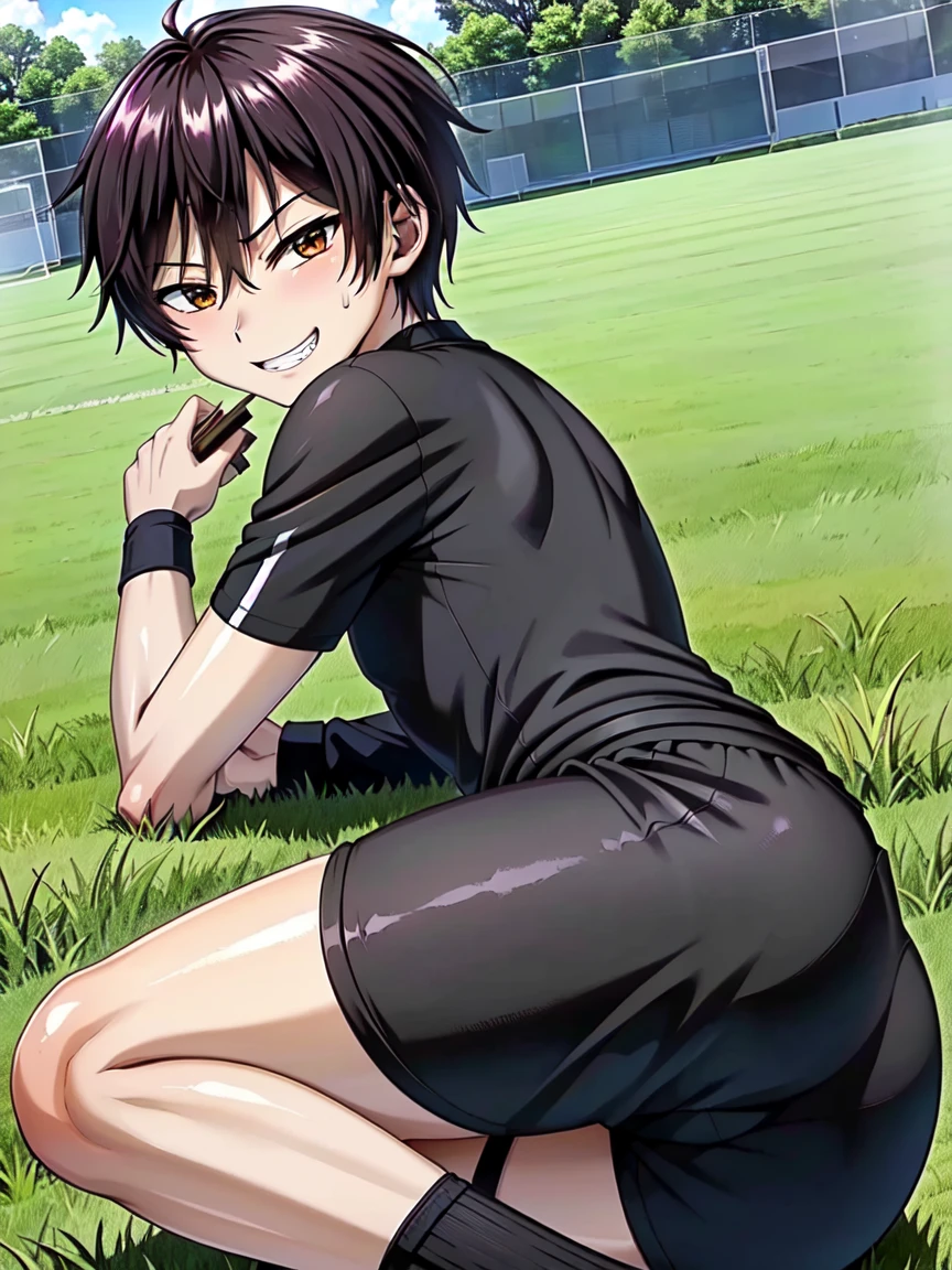 (((Official Art,Ultra-thin illustration,High resolution, Pieces fly, 最high quality,最high quality,)))high quality, detailed, (Little men),12 years old,(((alone)))、 A very cute young ace striker male idol,A boy as beautiful as Planding, Smiling cool handsome face, soccer spike, Long legs, Thighs, Footz, No bulge, (Black Hair、short hair)、Shiny Hair, (Tight and shiny random color soccer uniform suit), (Tight and shiny soccer shorts), (Soccer socks), Grass area, Cool pose, (厚いThighs、Big ass tempting you)、(((Soccer field in the park)))、((Saucy、))、Grin、Spread your legs,Ultra-fine painting, (最high quality, In 4K, 8k, High resolution, Pieces fly:1.2),Service shot、((detailedな目:1.2))、Show off your big butt、proud butt、