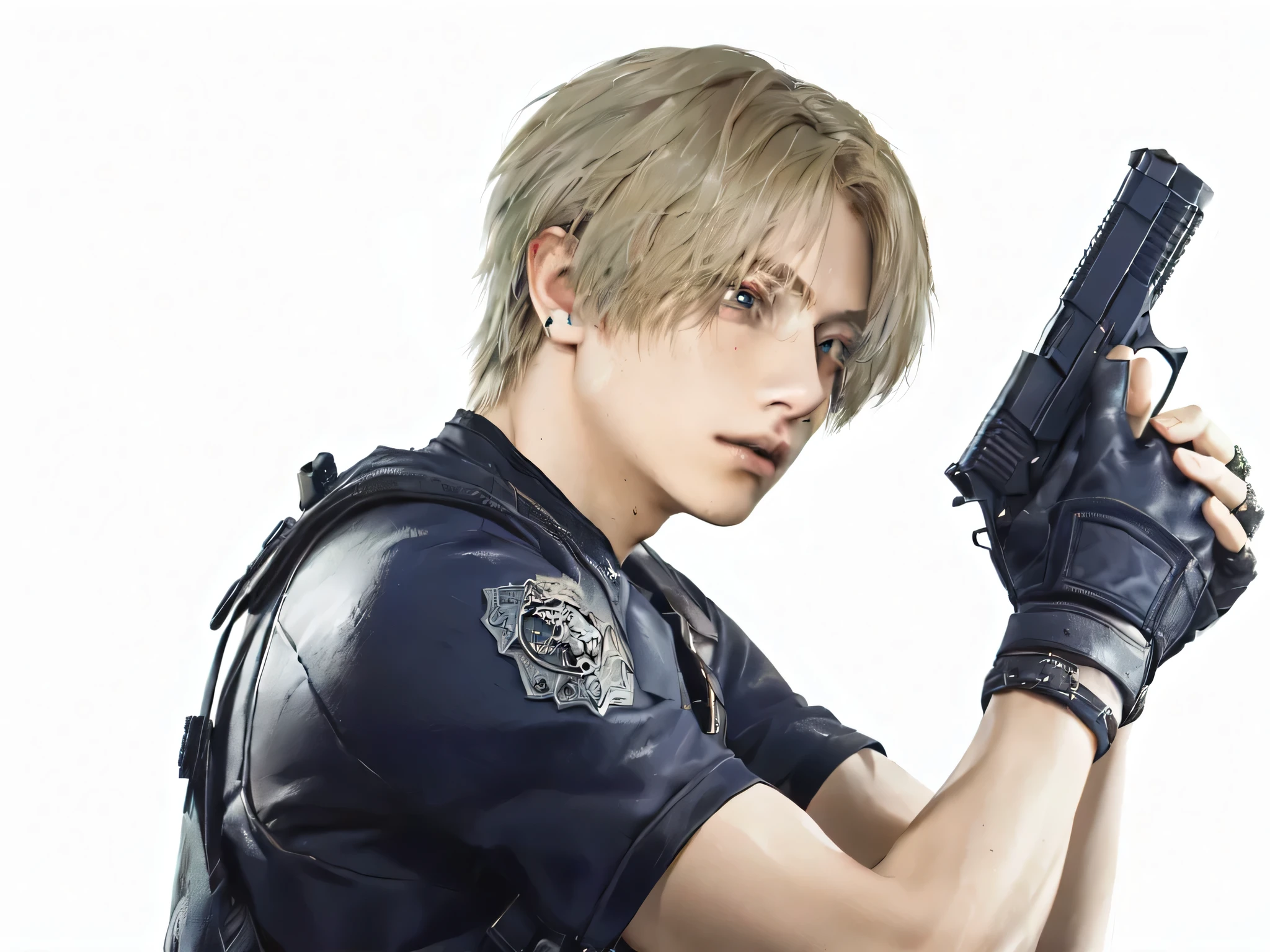 Imagen arafed de un hombre con una pistola y una chaqueta de cuero., Juan Liebert, Juan Liebert mixed with dante, Juan Liebert mixed with alucard, jeon jungkook es leon s. kennedy, sakimichan, xqc, como personaje de tekken, fondo del juego Resident Evil, v del diablo puede llorar como un elfo