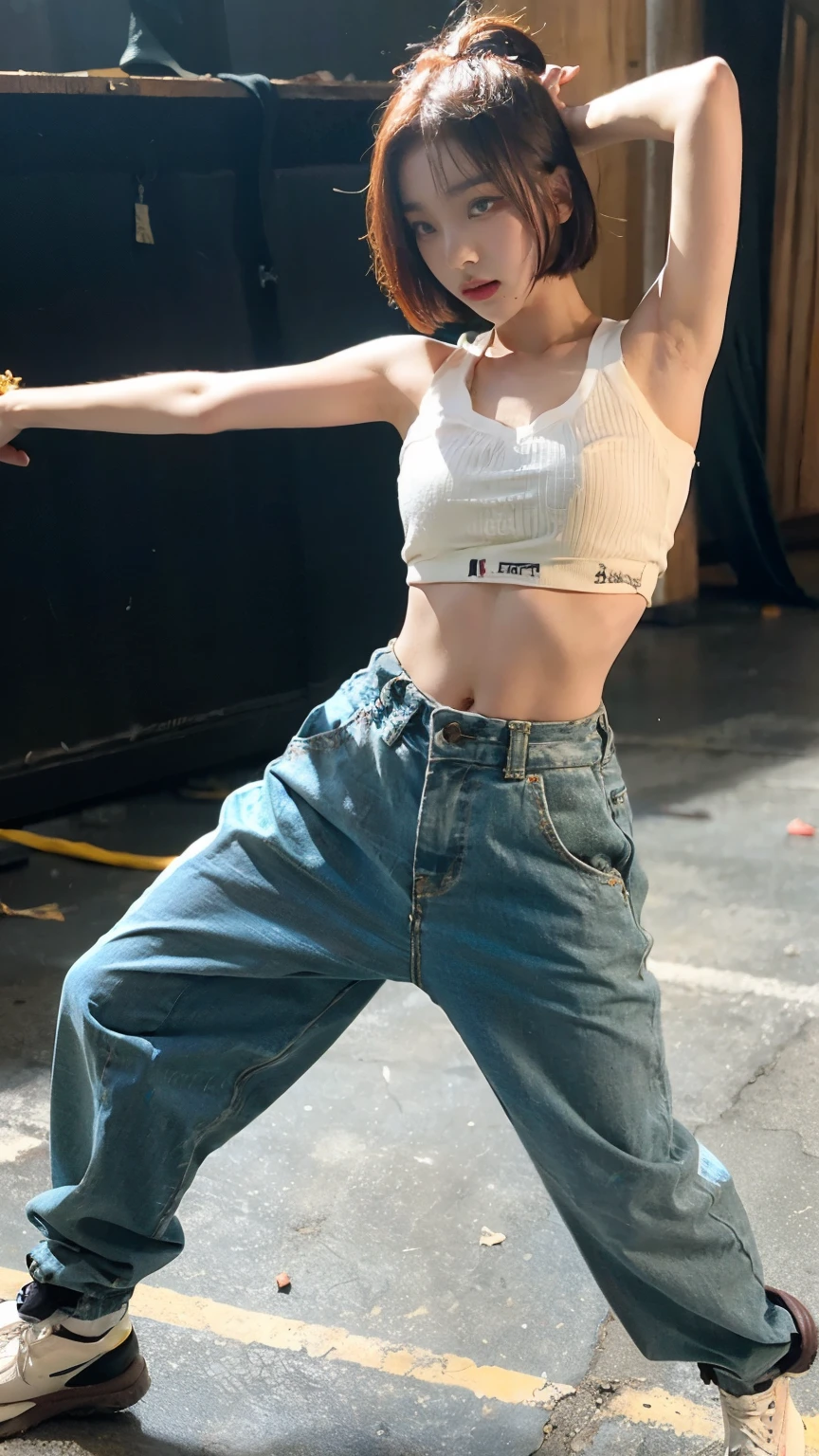 20 year old Korean woman dancing in a closed, dark dance studio,Sweating,Sweat flying,Uplifting,Bobcut,aespakarina,A painful expression with furrowed brows,hiphop dancer,Gangster-style long pants,wearing edg90hh_clothing