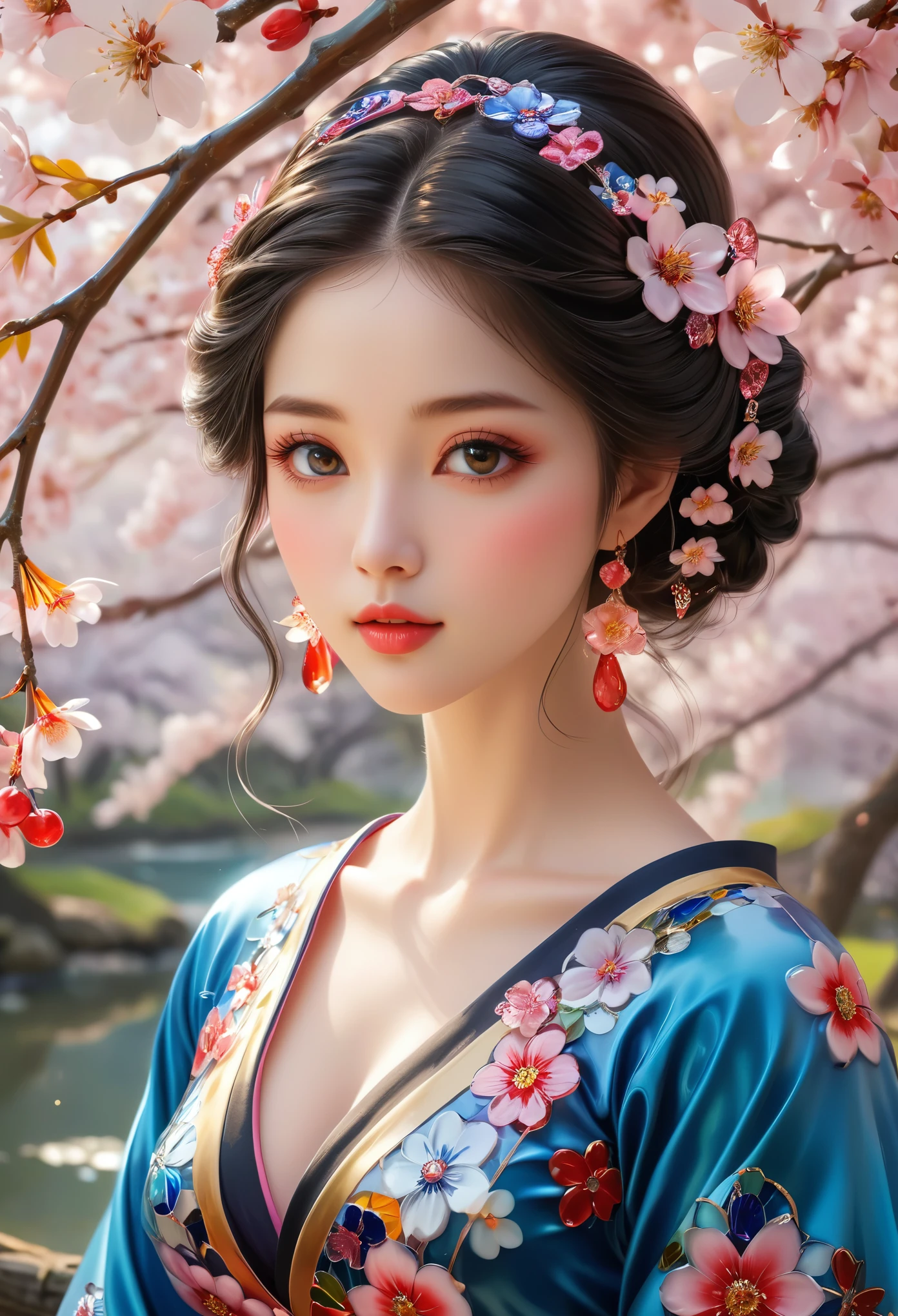 (best quality,highres,masterpiece:1.2),ultra-detailed,realistic,physically-based rendering,girl with Millefiori glass style,beautiful detailed eyes,beautiful detailed lips,longeyelashes,noble face,exquisite porcelain skin,graceful neck,flowing black hair,pink blossoms adorning the head,hands holding delicate glass ornaments,Millefiori patterns covering the body,shimmering in vibrant colors,subtle reflection of light through the glass,ethereal atmosphere,soft sunlight casting a warm glow,serene garden background,flourishing cherry blossom trees,magical tranquility,harmony of nature and art.