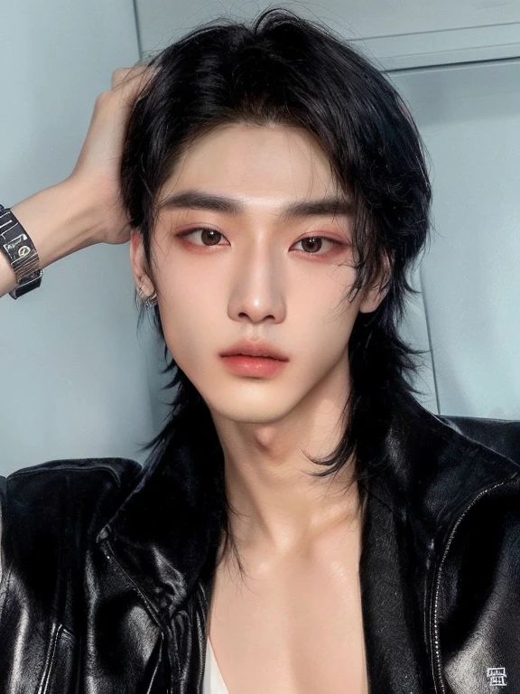 a close up of a man with a black jacket and a white shirt, cai xukun, xision wu, jinyoung shin, androgynous face, lulu chen, gemma chen, taejune kim, yanjun chengt, heonhwa choe, sakimichan, popular south korean makeup, korean face features, xintong chen, sha xi