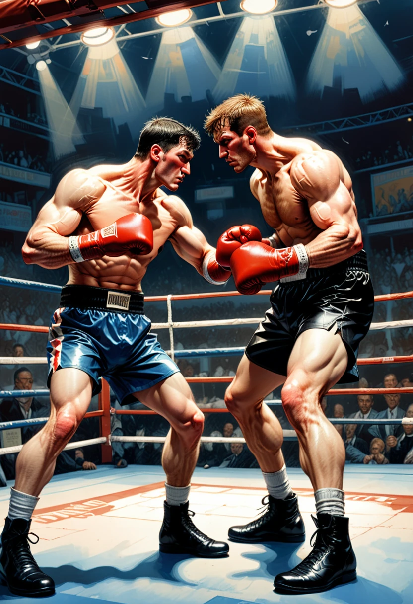 Boxing Match, Boxing ring, boxing gloves, champion, (masterpiece, best quality, Professional, perfect composition, very aesthetic, absurdres, ultra-detailed, intricate details:1.3), by Frank Miller comic style