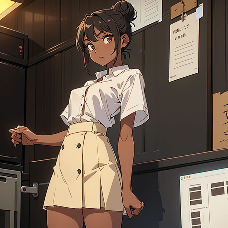 1 girl, Black hair with a Bun, Thin, small breasts , brown skin, Wearing a short-sleeved white button-down shirt, and a long light brown skirt. 