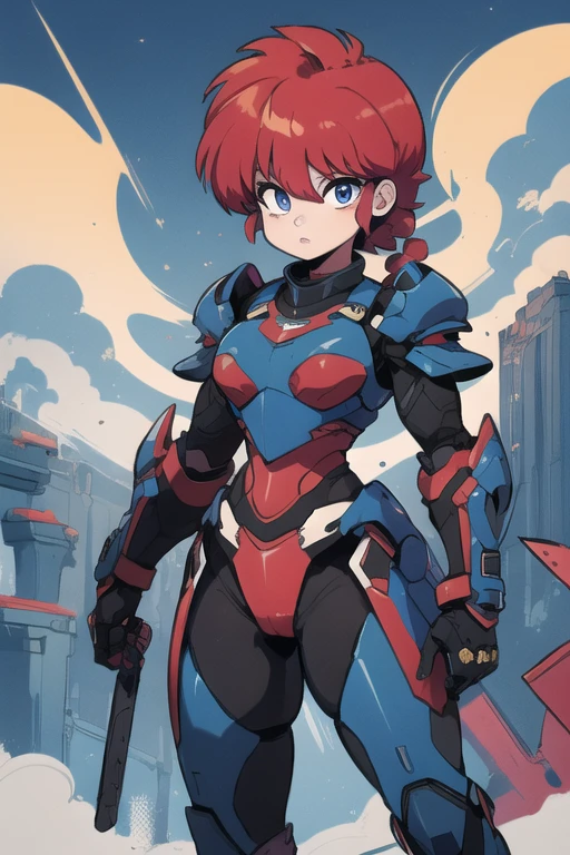 Ranmachan, cabello rojo, Cabello con trenza, ojos azules, ojos detallados, cuerpo completo, Technological armorMix, Technological Armor