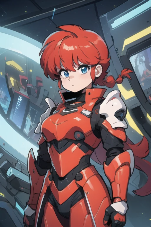 Ranmachan, cabello rojo, Cabello con trenza, ojos azules, ojos detallados, cuerpo completo, Technological armorMix, Technological Armor