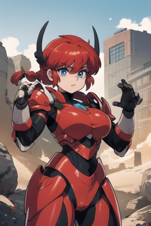 Ranmachan, cabello rojo, Cabello con trenza, ojos azules, ojos detallados, cuerpo completo, Technological armorMix, Technological Armor