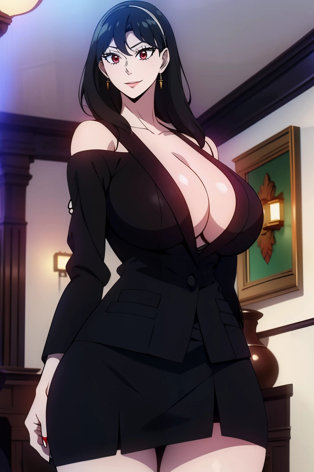 An anime-style artwork depicting yor from the anime spy x family

Tags: Yor Forger, holding, black hair, (black skirt suit:1.1), cleavage, pencil skirt, miniskirt,curvy, thighs, higheels, shiny clothes, skin tight, cleavage,, hairband,  sidelocks,  looking at viewer,  bare shoulders, standing,  earrings,  short hair with long locks, jewelry, closed mouth, bangs, anime, detailed eyes, detailed lips, ass, 1girl, red eyes, (black hair:1.1), solo, huge breasts, smiling expression, intense gaze, dynamic pose, indoor, palace, vibrant colors, digital art, high-resolution, professional quality, gigantic breasts, cleavage), curvy, cowboy shot, (gigantic breasts: 1.4),