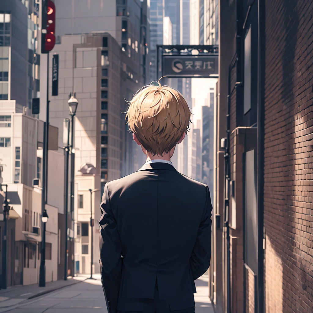 1boy, short blond hair, blue eyes, wearing black suit, city, absurdres, high res, ultrasharp, 8K, masterpiece, looking from behind