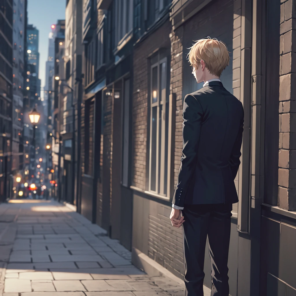 1boy, short blond hair, blue eyes, wearing black suit, city, absurdres, high res, ultrasharp, 8K, masterpiece, looking from behind