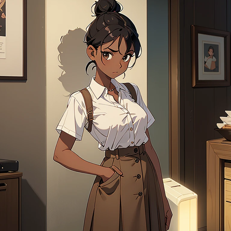 1 girl, Black hair with a Bun, Thin, small breasts , middle brown skin, Wearing a short-sleeved white button-down shirt, and a long light brown skirt. 