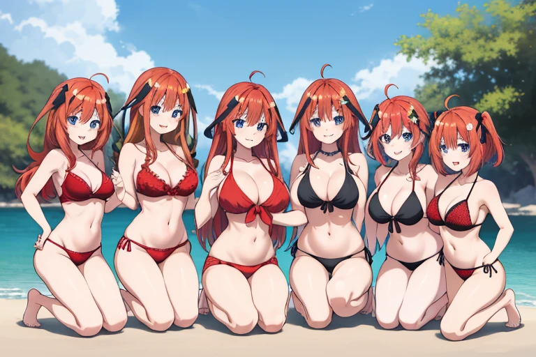 2d, masterpiece, best quality, anime, highly detailed, 5 girl, photo of 5 girl, quintuplets, nakano itsuki, red hair, long hair, star hair ornament, ahoge, large breasts, on all fours, spa, red bikini, outdoors, smile, full body, sexy body, perfect body, joga