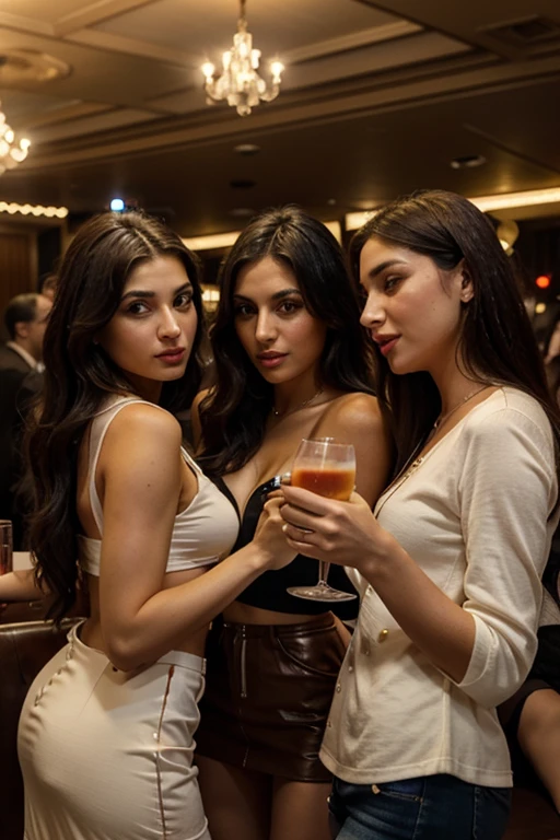 Fashionably and casually dressed Chaldean-American, Italian-American, and Mediterranean-American women over 21, holding drinks and joyfully celebrating at an upscale indoor nightclub event with a captivating, blink-and-you-miss-it crowd scene, in the style of a modern fashion editorial with enchanting lighting