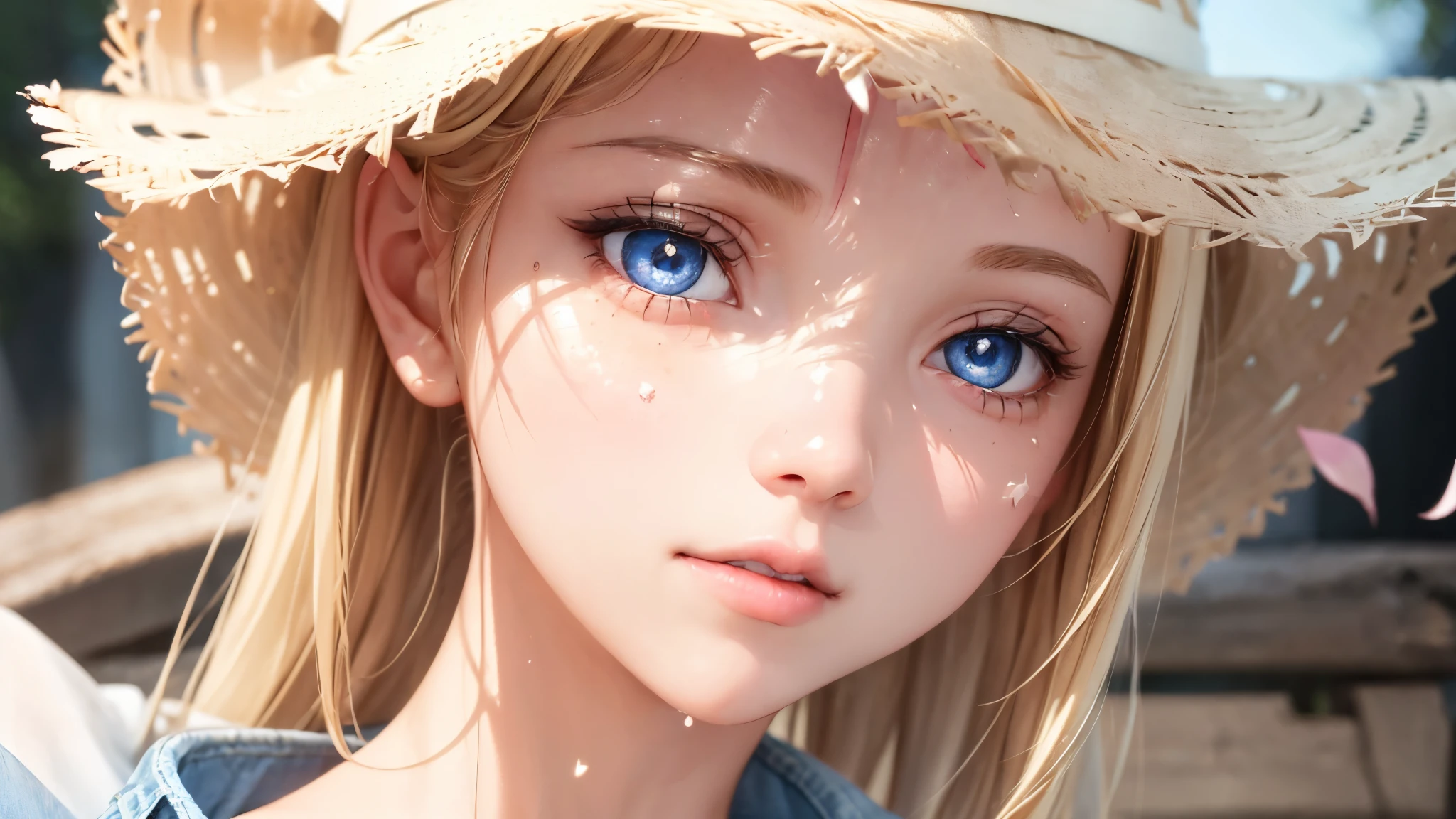 1girl, White summer costume, denim skirt, a straw fedora hat, Bare legged, blonde  hair, blue eyess, full bodyesbian, Style Petals, wood background, A clear day, perfect  eyes, perfect hand, 超A high resolution, Movie angle, profetional lighting, top-quality, ​masterpiece, side lights, sharp, Perfect focus, bokeh dof, Photorealsitic, (Fine details beautiful eyes:1.3), realisitic, (3D Face:1.1), (shinny skin:1.5), (Complex facial details in ultra-high resolution), (Pores on the skin of the face:1.3)、Ultra-high resolution fabric texture、8k eye details、8K pupil、