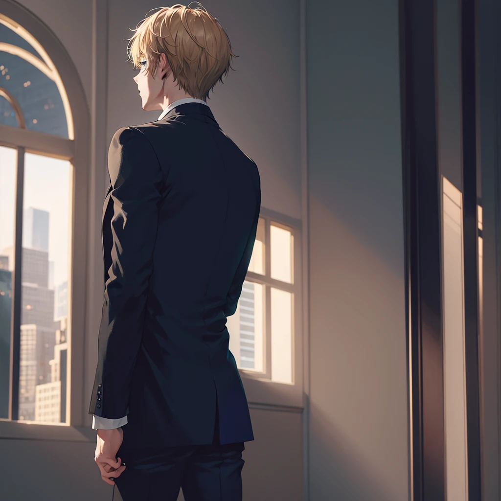 1boy, short blond light hair, blue eyes, wearing black suit, city, absurdres, high res, ultrasharp, 8K, masterpiece, looking from behind