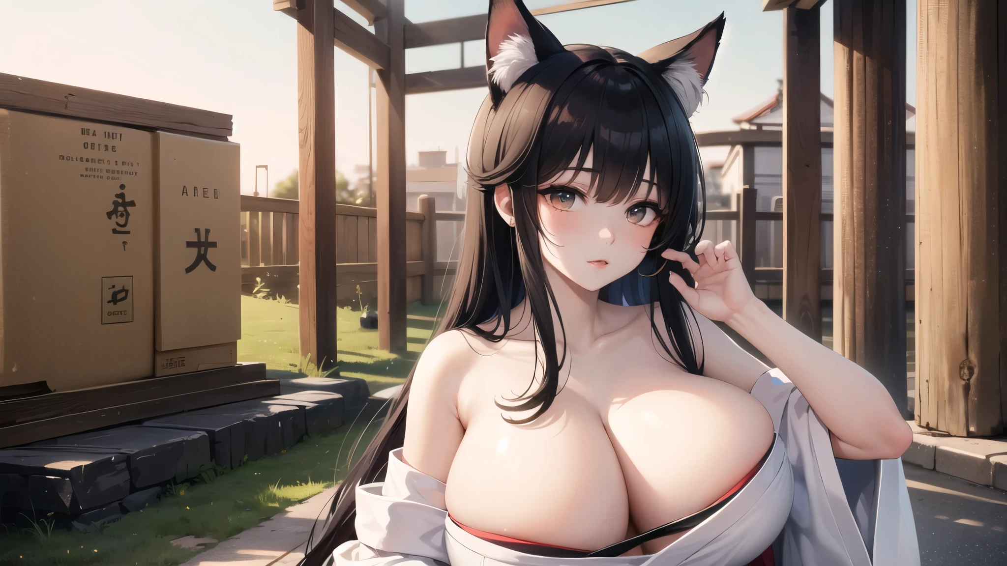 (((masterpiece, best quality))), (((superior quality))), cute girl, ((extremely detailed girl)), ((huge breasts)), fox ear, shrine maiden, (bare shoulders), strapless top