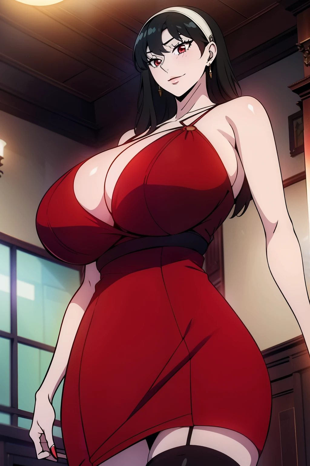 An anime-style artwork depicting yor from the anime spy x family

Tags: Yor Forger, dress, holding, black hair, red dress, high heels, thighhighs, red eyes, two-sided fabric, hairband,  sidelocks,  looking at viewer,  bare shoulders, standing,  earrings,  short hair with long locks, jewelry, closed mouth, bangs, anime, detailed eyes, detailed lips, ass, 1girl, red eyes, (black hair:1.1), solo, huge breasts, smiling expression, intense gaze, dynamic pose, indoor, palace, vibrant colors, digital art, high-resolution, professional quality, gigantic breasts, cleavage), curvy, cowboy shot, (gigantic breasts: 1.4),