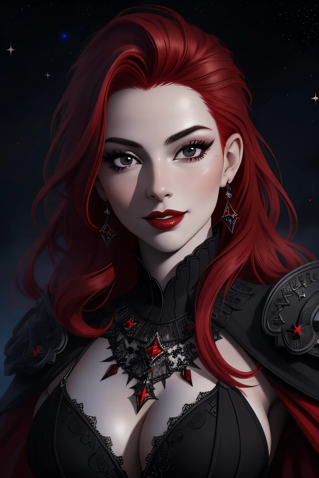 ((vivid red hair)), mature woman, 30 years old, diamond face, red starry sky background, depth of field, magic, big red lips, ((dark and black eyes)) black and red long and full dress, covered chest, mystical atmosphere, ominous shadows, Intense blue aura, Intense red aura (best quality:1.2), absurdres, intricate details, (highly detailed skin:1.2), smile expression, posing, taut and well defined body, attractive. Highly realistic, white skin, beautiful, hyperrealism, skin very elaborated, direct gaze,