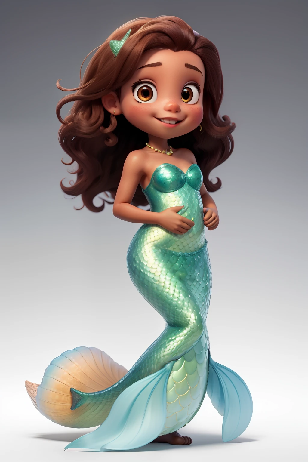 cute brown skinned baby mermaid, white background