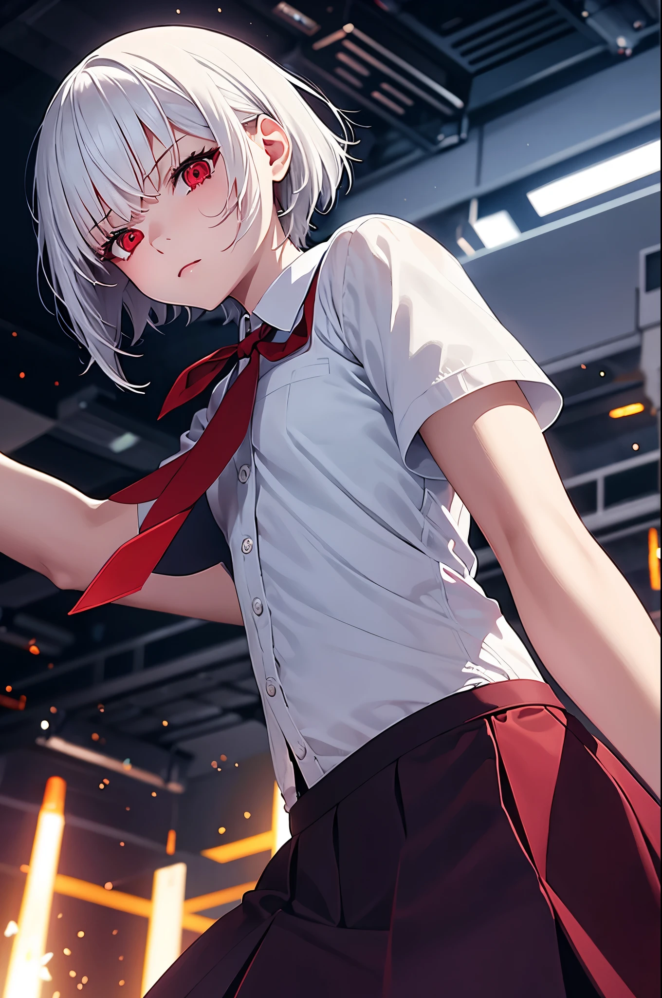 Short white hair (A little long) Childish red eyes, firepower in the hand, high-definition quality, light skirt and buttocks, blue shirt, school clothes, battle background, flat chest