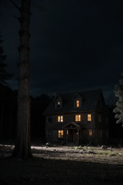 an old abandoned house at the end of a dark forest in the DARK NIGHT WHEN IT'S DARK