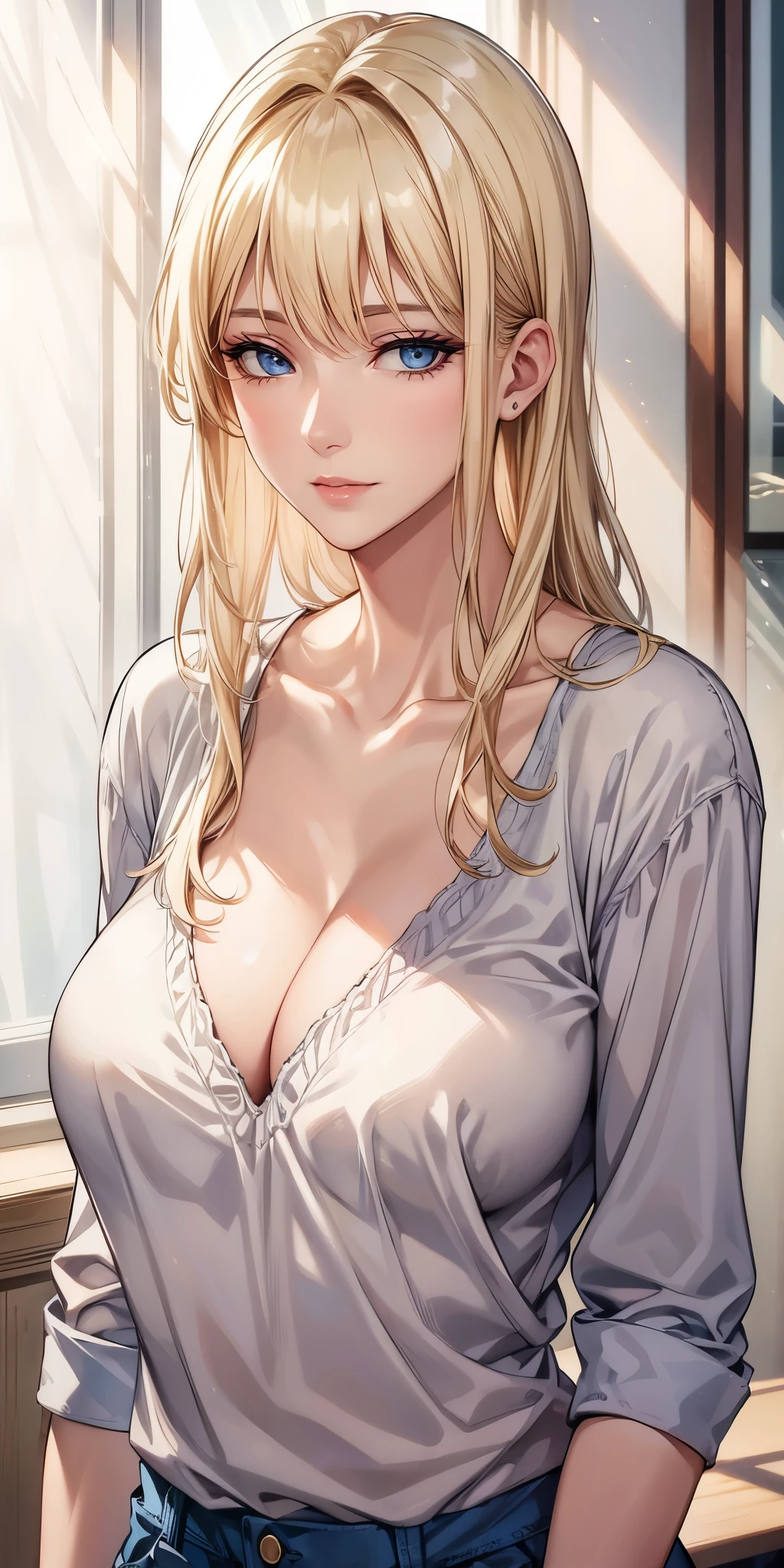 elegant mature woman, blonde hair, blue eyes, 4k resolution, high quality cg, beautiful cg, soft light