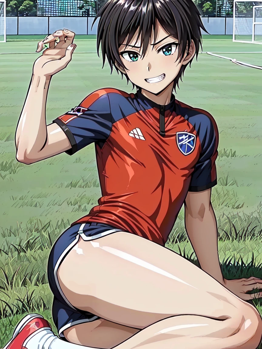 (((Official Art,Ultra-thin illustration,High resolution, Pieces fly, 最high quality,最high quality,)))high quality, detailed, (Little men),12 years old,(((alone)))、 A very cute young ace striker male idol,A boy as beautiful as Planding, Smiling cool handsome face, soccer spike, Long legs, Thighs, Footz, No bulge, (Black Hair、short hair)、Shiny Hair, (Tight and shiny random color soccer uniform suit), (Tight and shiny soccer shorts), (Soccer socks), Grass area, Cool pose, (厚いThighs、Big ass tempting you)、(((Soccer field in the park)))、((Saucy、))、Grin、Spread your legs,Ultra-fine painting, (最high quality, In 4K, 8k, High resolution, Pieces fly:1.2),Service shot、((detailedな目:1.2))、Show off your big butt、proud butt、