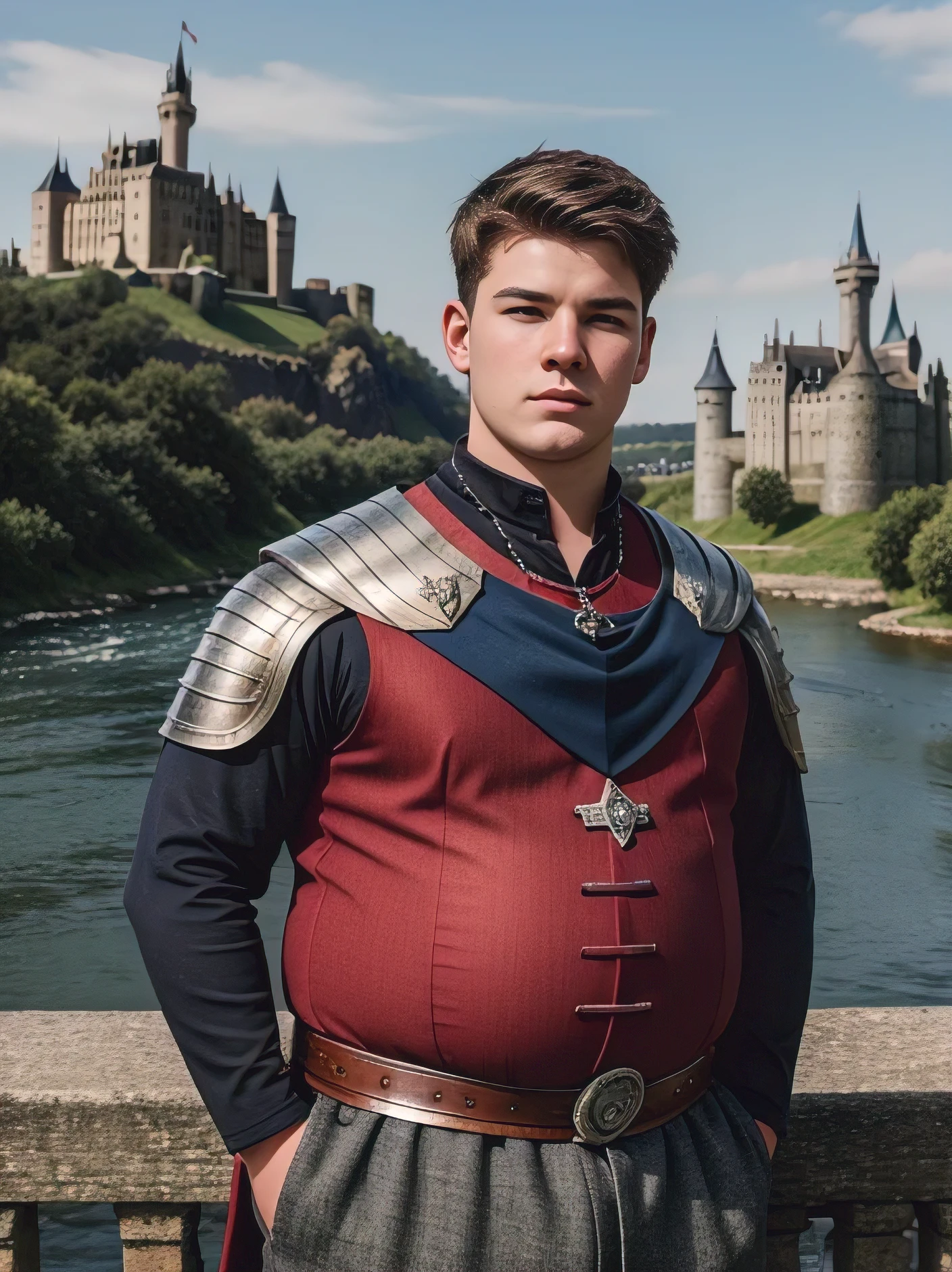 Draw an image of a 18 year old boy. He is tall and stout, with a red face and big round belly. He wears a medieval doublet of silver-grey with dark blue trim. He has dark short hair and a weak chin. On the background a castle in a river.