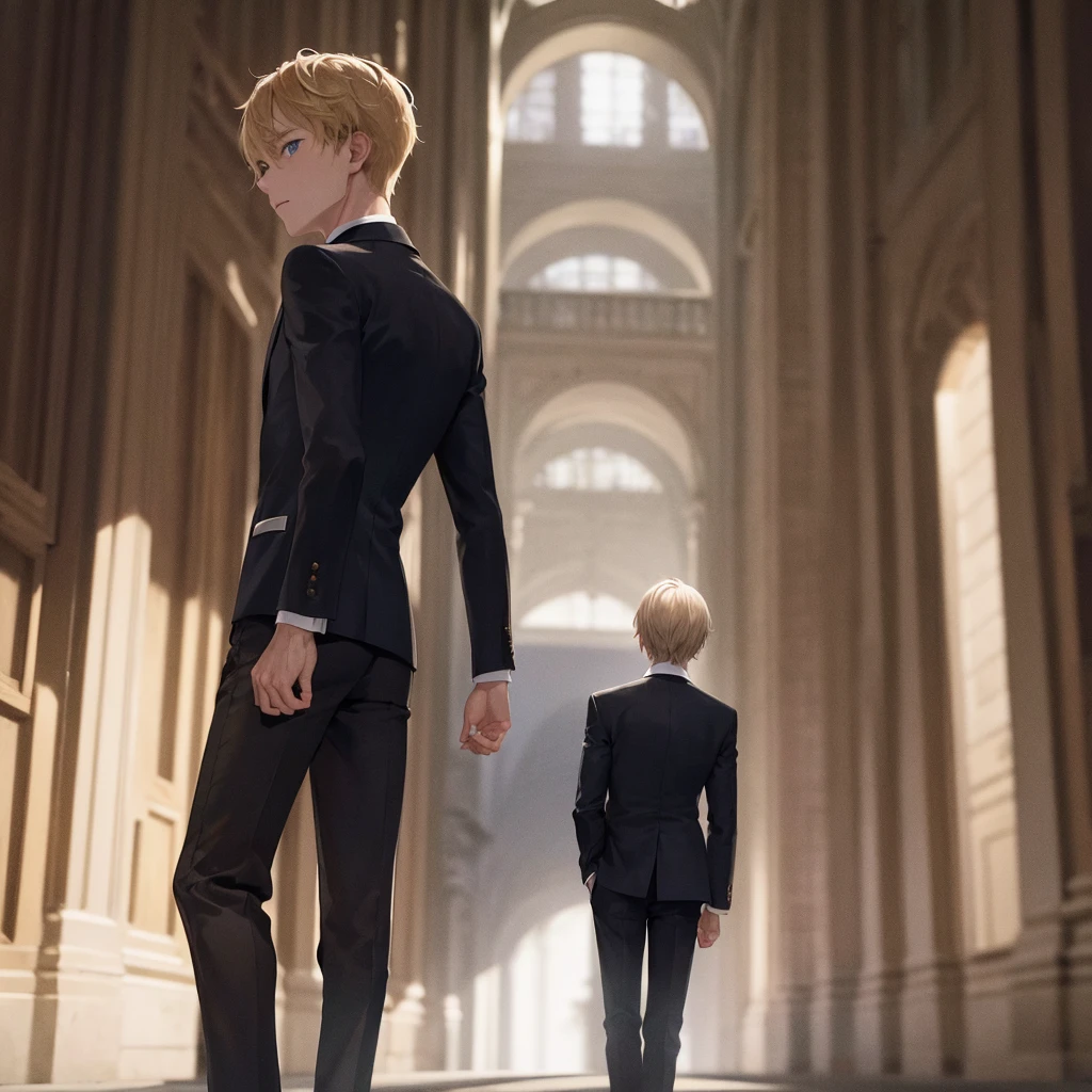 1boy, short blond hair, blue eyes, wearing black suit, city, absurdres, high res, ultrasharp, 8K, masterpiece, looking from behind