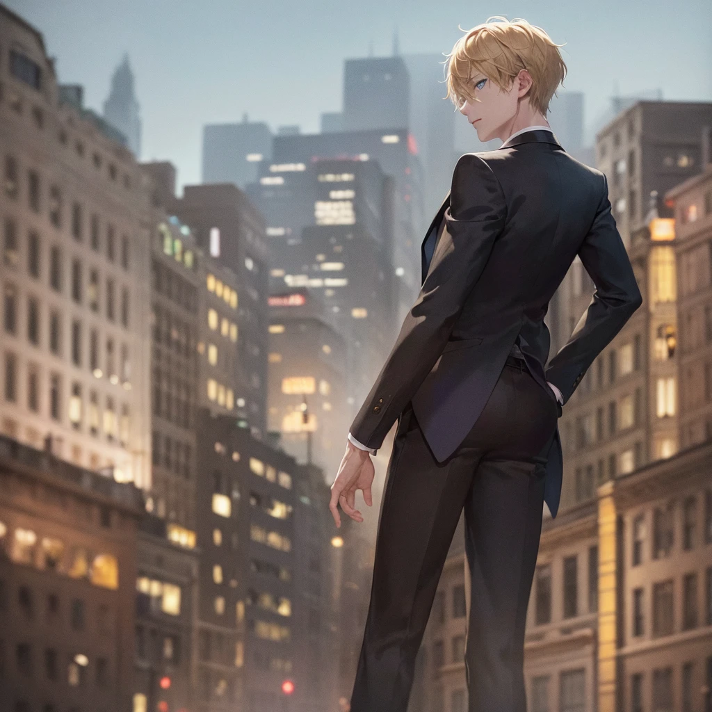1boy, short blond hair, blue eyes, wearing black suit, city, absurdres, high res, ultrasharp, 8K, masterpiece, looking from behind