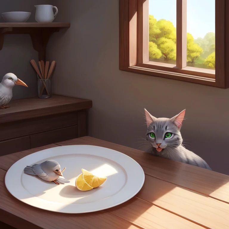 A serene gray dove gracefully perches atop an empty, weathered table, delicately pecking at a plate filled with ripe, juicy morsels. Nearby, a sleek feline with soft, velvety whiskers and piercing emerald eyes gazes intently at the same plate, its long, agile tongue gracefully lapping up the remaining bits with a sense of contentment. The room is quiet, the only sound being the gentle clinking of the dove's beak against the plate and the cat's soft purring. The sunlight filters in through a nearby window, casting a warm and inviting glow over the scene. The two animals, sharing this moment of