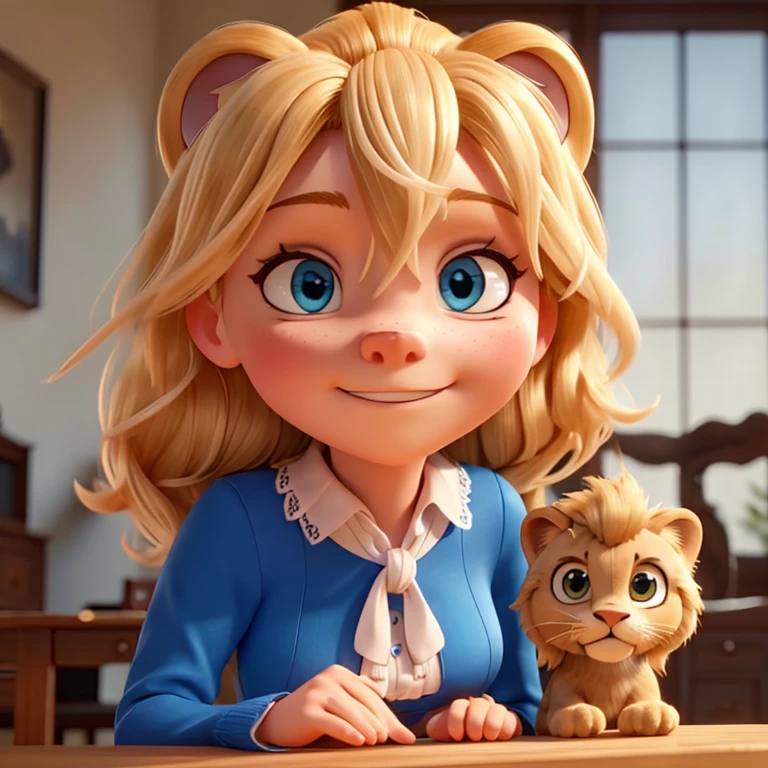 Frau, dunkelblonde lange Haare, blaue Augen, Pet Lion 